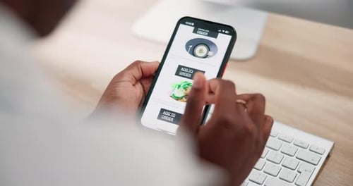 Person, hands and scroll phone with food delivery, menu and decision on app for lunch in office