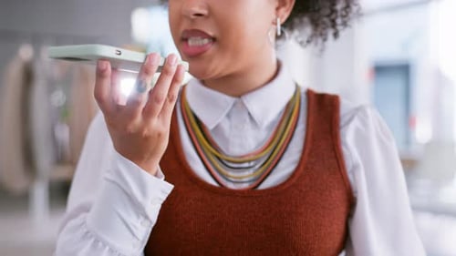 Phone call, voice note and business woman talking in office for contacting
