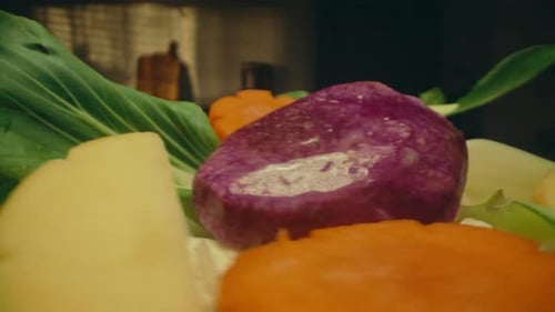 Rotating close-up of fresh vegetables with vibrant colors and natural textures