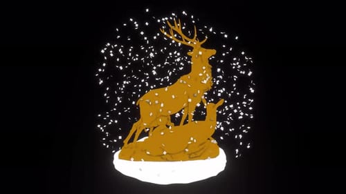 Rotating Golden Deer Family with Falling Snow Particles