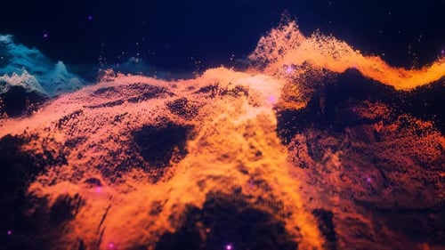 Abstract moving futuristic landscape of particles and dots of energy magic with glow and blur effect