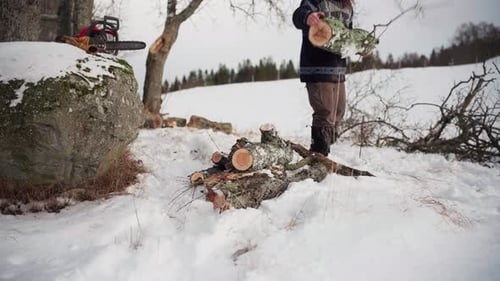 Man Piling Up Cut Logs In The Snowy Ground. - close up shot