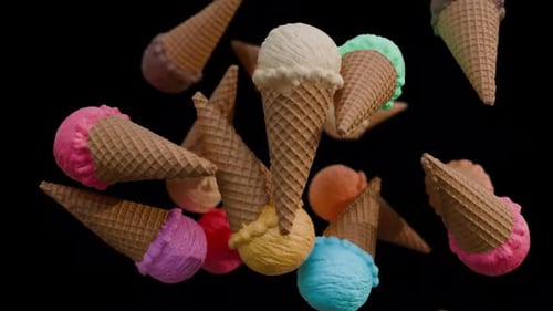 Colorful Ice Cream Cones Tumbling and Floating Animation