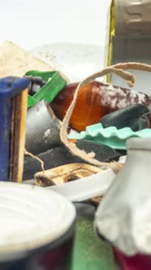 Plastic Rubbish and Waste Items Building Up on White Background in Vertical Format