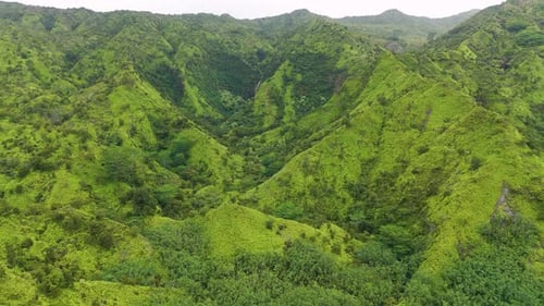 Aerial view of lush mountains and valley, United States.