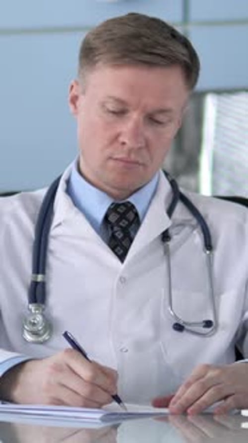 Focused Doctor Taking Notes in Bright Office