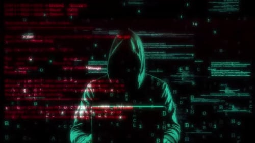 Digital Hacker with Glitch Code and Data Stream Background