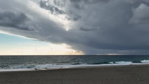 Epic Cinematic Flight Over Perfect Deep Blue Sea with Scenic White Clouds in Blue Sky