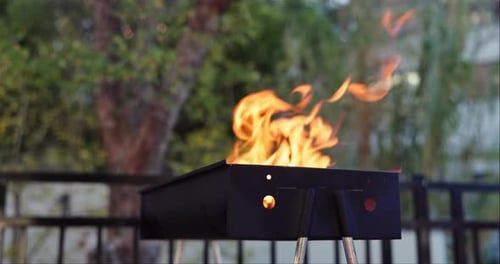 Grill, bonfire and bbq prepare for party, meat and outdoor backyard lunch