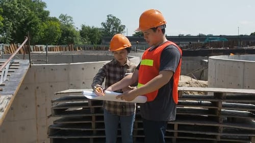 Construction manager and engineer discussing and checking plans on construction site.