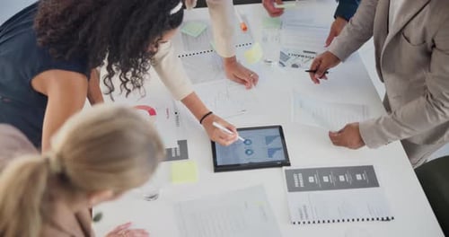 Tablet, documents and hands of people in office with graphs or statistics for planning