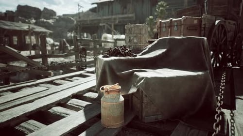 Rustic Wooden Dock with Crates and a Milk Can Under the Bright Sun