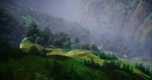 Lush Green Hills and Misty Mountains Invite Exploration in a Vibrant Landscape