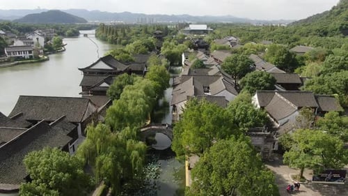 Aerial View of the Scenic Beauty of Ke Yan Scenic Area and the Surrounding Ancient Town in Shaoxing
