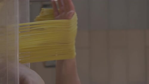 Italian Pasta Being Made on the Machine for Cutting Dough Fresh Handmade Pasta Machine Rolling Dough