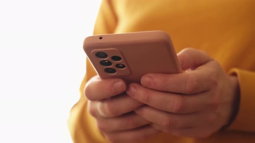 Woman Hand Holding Cell Phone Touch Screen Typing Scroll Page Using App Smartphone Mobile Phone