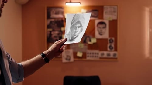 Close Up in the Detective's Office Middleaged Investigator in a Shirt and Tie Examines with a
