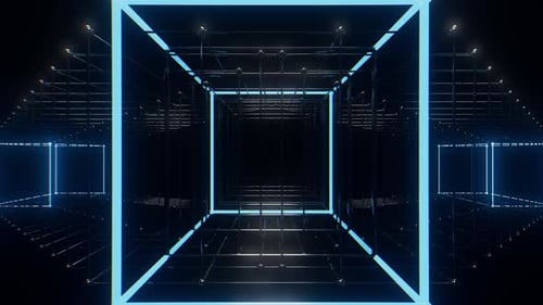 Futuristic Neon Grid Tunnel with Pulsating Cubes Loop