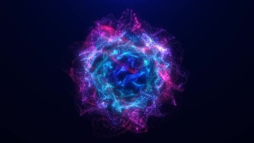 Abstract sphere of luminous particles, sound visualization of the movement of a magic ball