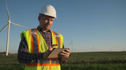 An Engineer at a Wind Farm with a Tablet in His Hand Adjusts the Wind Turbine