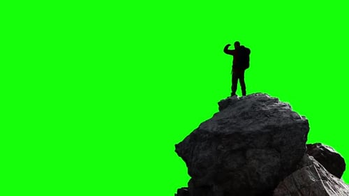 Adventure Man Hiker Standing on Top of Mountain Peak Composite Cutout with Green Screen