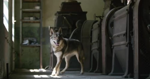 Wolf running around inside old abandoned factory