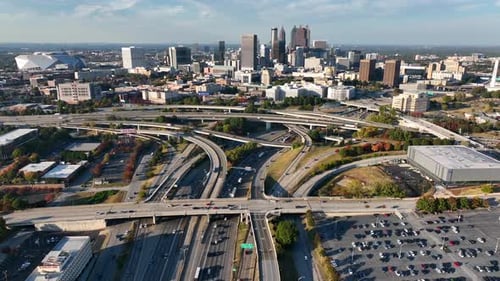 Wide aerial view of downtown Atlanta Georgia skyline. Jackson Street Bridge in foreground. Interstat