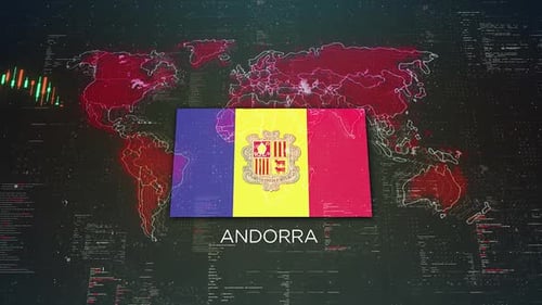 Andorra Flag Reveal with Global Business Statistics Background