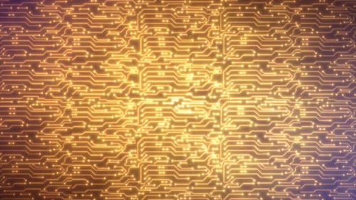 Abstrakter Hintergrund gelbgoldener Computerplatinen, digitaler Hightech-Futuristik der Linien