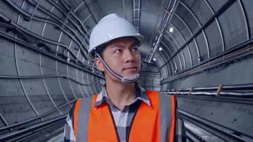 Close Up Of Asian Male Engineer Looking Around In Subway Tunnel