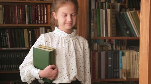 Kid Girl with Books in Old Library Schoolgirl Selecting Literature for Reading
