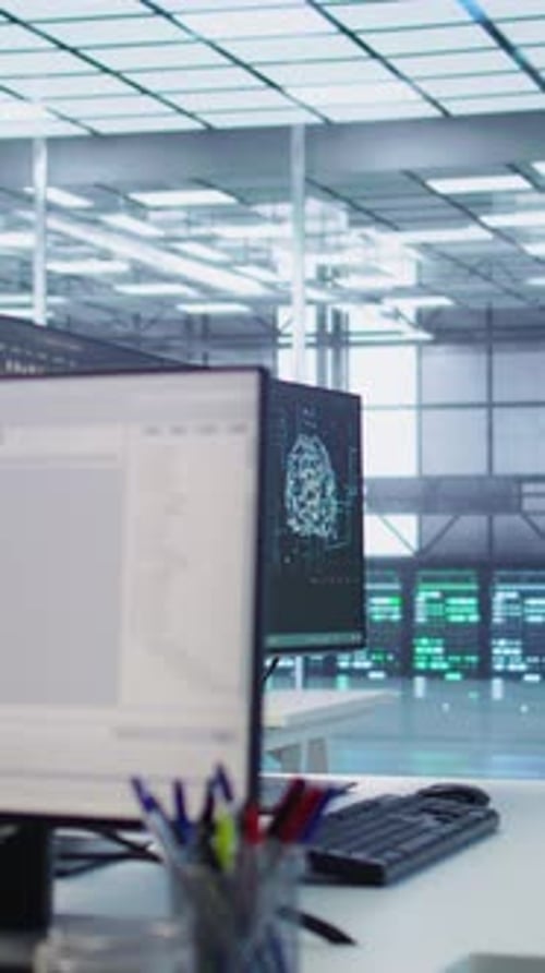 Close Up of Programming Language on PC Displays in AI Server Farm