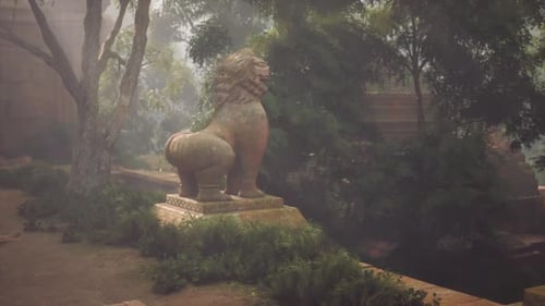 Ancient Stone Lion Statue at a Temple in the Jungle of Vietnam