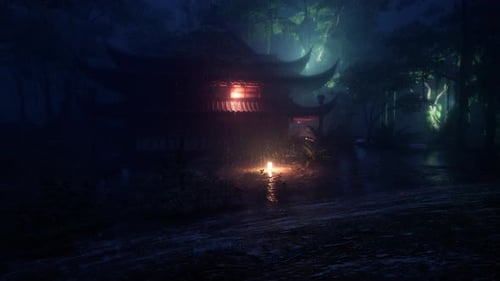 Der Nachtregen fällt auf den alten Tempel am Hang 4