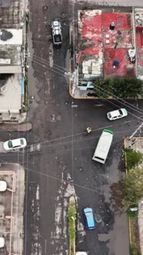 Flying over bumpy roads in Ecatepec, Mexico. Vertical shooting