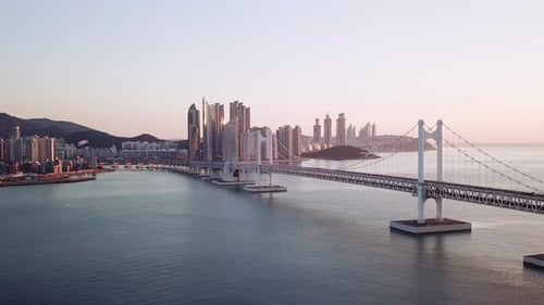 Gwangan Bridge and Haeundae at Sunset, Busan City, South Korea.