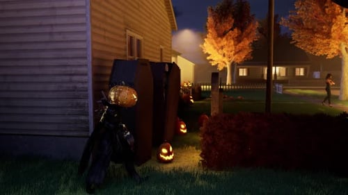 Halloween Night: Pumpkin Head Character Sneaking in Spooky 3D Scene