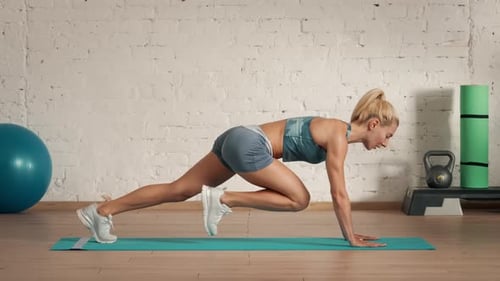 Healthcare and Wellness Advertisement Concept Athletic Woman Fitness Coach Doing Running in Plank