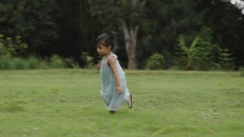 happy toddler girl in dress running on a green grass field