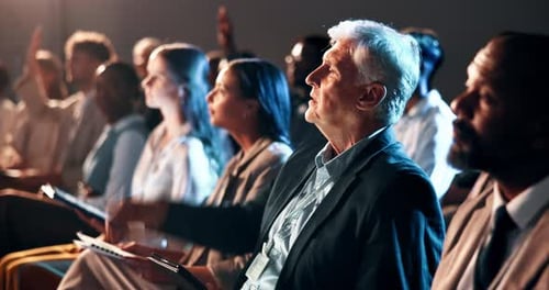 Conference, question and business man with tablet for investment summit, notes or answer