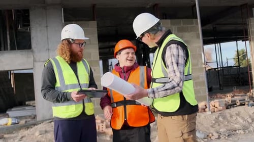 Personas, gerentes, trabajadores, diseñadores y arquitectos, debate con una tableta sobre la planificación de una obra