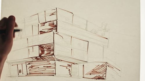 Arm Drawing Architectural Design on Paper