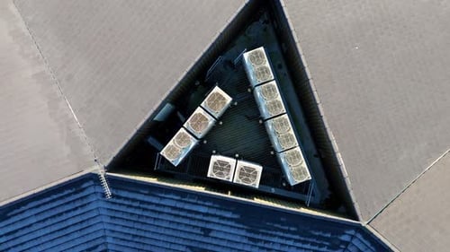 Aerial view of roof and ventilation system, United Kingdom.