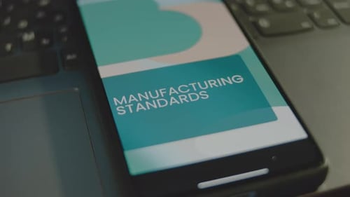 Manufacturing Standards Inscription on Smartphone Screen Graphic Presentation with Moving Colored
