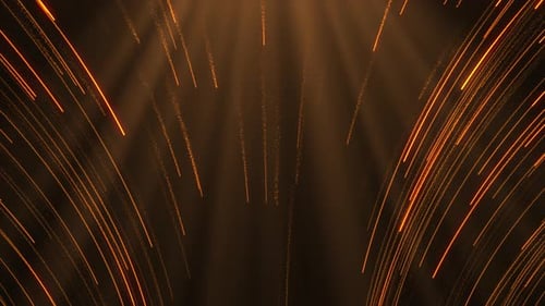 Elegant Golden Particle Trails with Light Beams Background