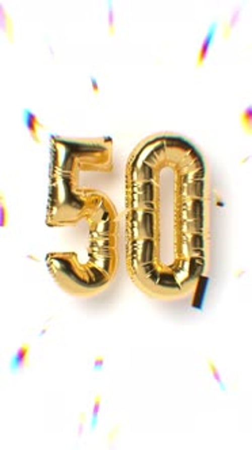 Golden 50 Number Balloon Celebration with Confetti