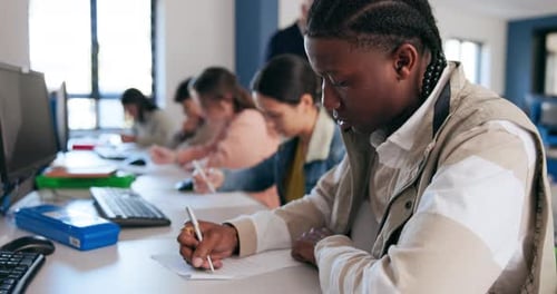Desk, writing and student in classroom for learning, lecture or lesson at university