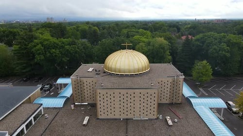 St. Mary's Greek Orthodox Church in Minneapolis. Slow descending motion.
