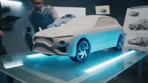 Experienced Designers Discuss the Car Design Infront of a Rake Sculpt Prototype