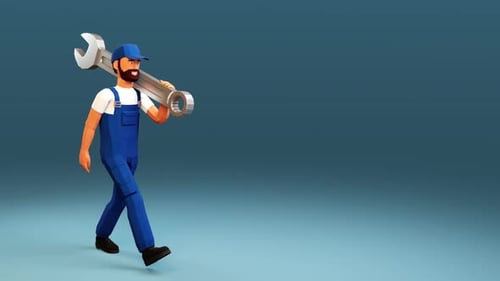 3d worker carries a large hammer on his shoulder.